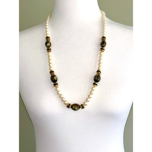 Vintage Japanese Faux Pearl Enamel Floral Beaded Statement Necklace - Picture 2 of 9